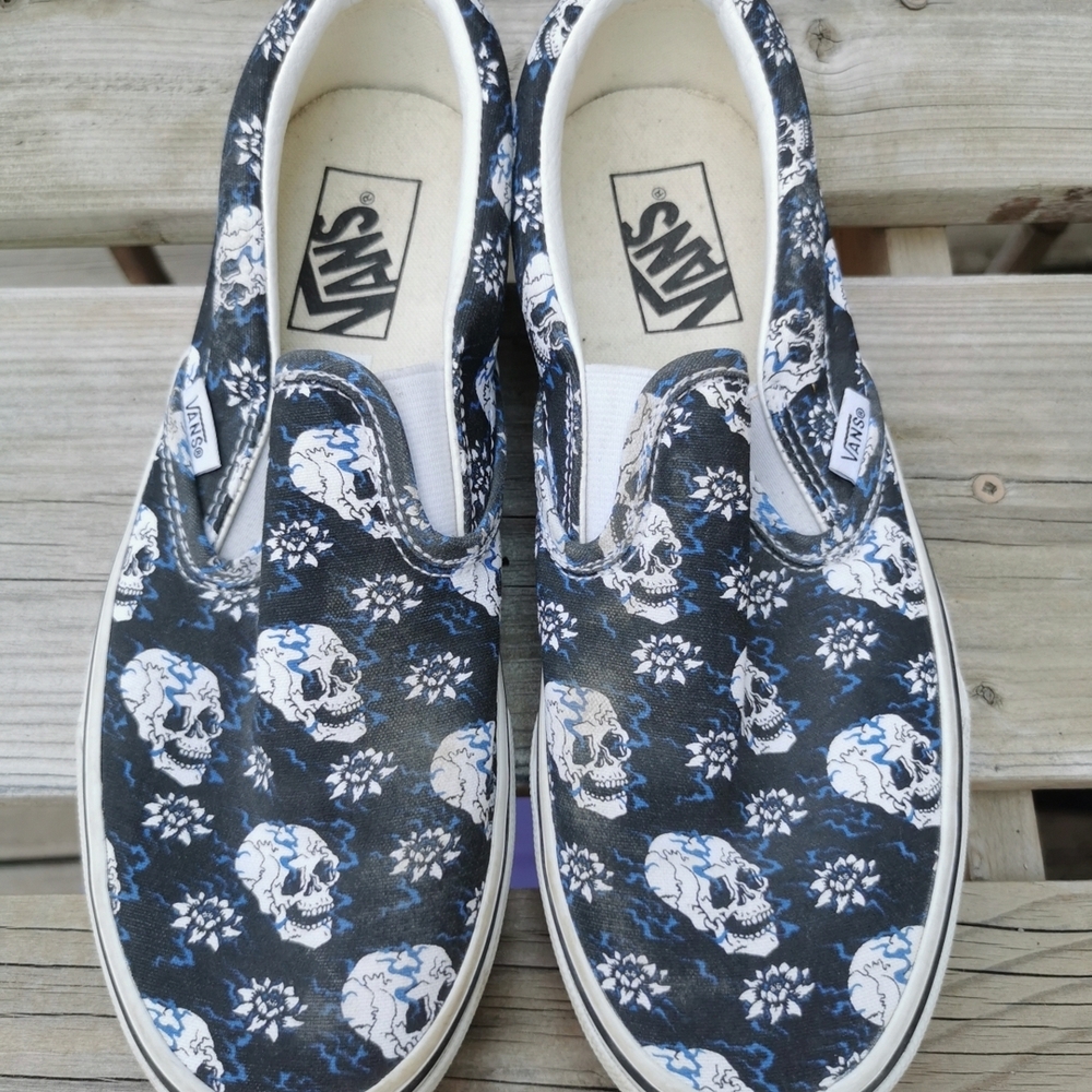 Vans Black and White Skull Slip-On Sneakers